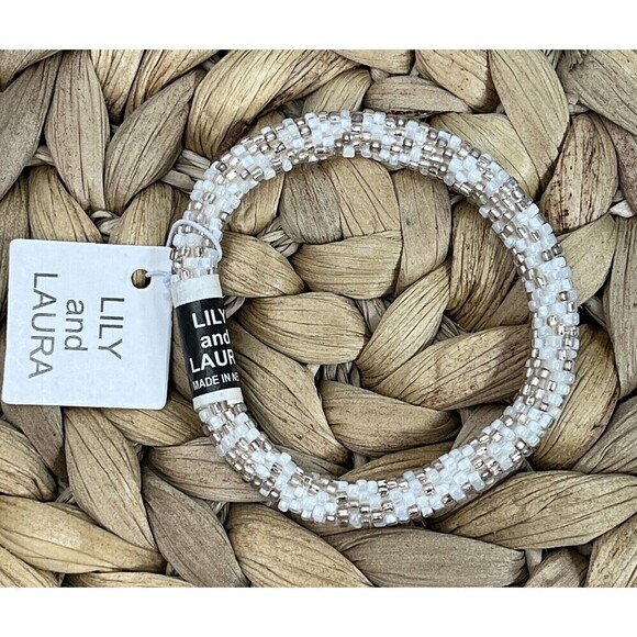 LILY and LAURA "Rose Gold Confetti" Hand Crocheted Beaded Bracelet White - Picture 2 of 3